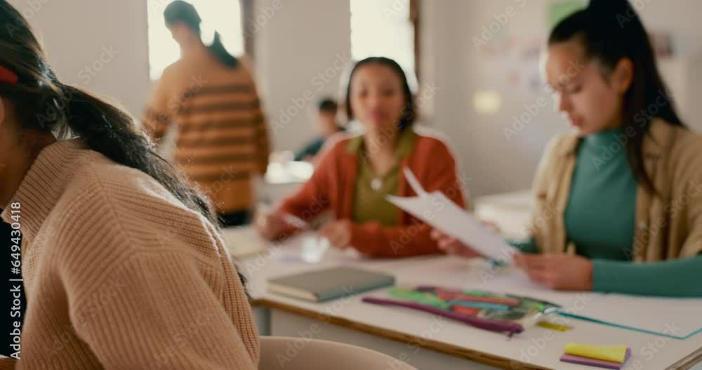 Poster high school, girl and talk with test paper, classroom and teamwork, goal and quiet for assessment. s