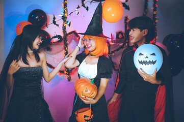 Halloween party in a bar at friend group. People group do costume fancy sexy, dance, alcohol,...