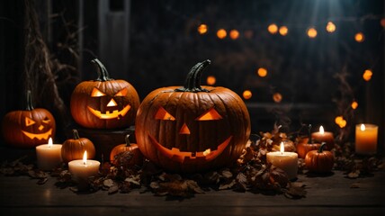 Halloween pumpkins with candles on dark background, halloween concept