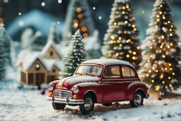 Fototapeta na wymiar A fabulous image of a retro car with gifts against a background of snow and fir trees in the snow close-up. Generative AI