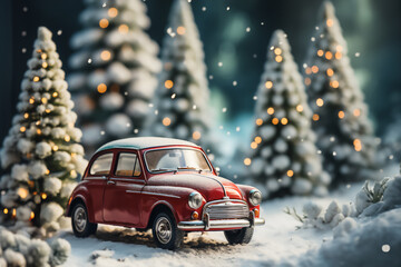 A fabulous image of a retro car with gifts against a background of snow and fir trees in the snow...