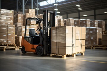 forklift moving boxes in storage. Generative AI