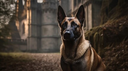belgian malinois dog in a spooky halloween setting, gothic, castle background - obrazy, fototapety, plakaty