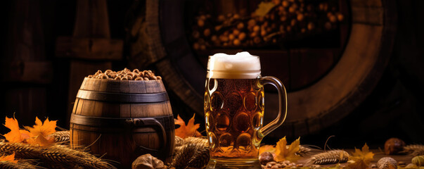 Fresh beer glass on wooden table.  Wheat and old barrel behind beer.