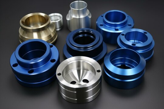 CNC-machined aluminum parts with anodized finish, used in milling industry. Generative AI