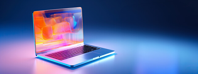 Laptop notebook electronic device isolated on gradient blue background. Virtual reality. Futuristic technology concept.