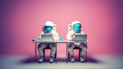 Astronauts in spacesuit working on laptop on pastel background. Surreal concept.