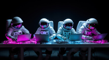Astronauts in spacesuit working on laptop on pastel background. Surreal concept.
