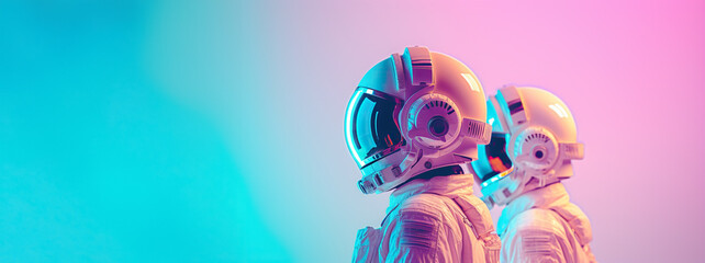 Exploring the Cosmos. Astronauts in a space suit, insulated on a pastel blue-pink background with space for text. Space exploration concept - obrazy, fototapety, plakaty
