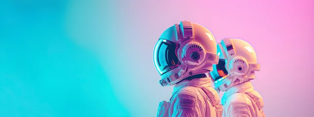 Foto op Plexiglas Exploring the Cosmos. Astronauts in a space suit, insulated on a pastel blue-pink background with space for text. Space exploration concept © Tamara