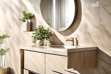 Modern and minimal design of cream colored bathroom vanity with marble counter top and white round ceramic washbasin with vase of houseplant in sunlight from window on granite tile wall for personal c - obrazy, fototapety, plakaty