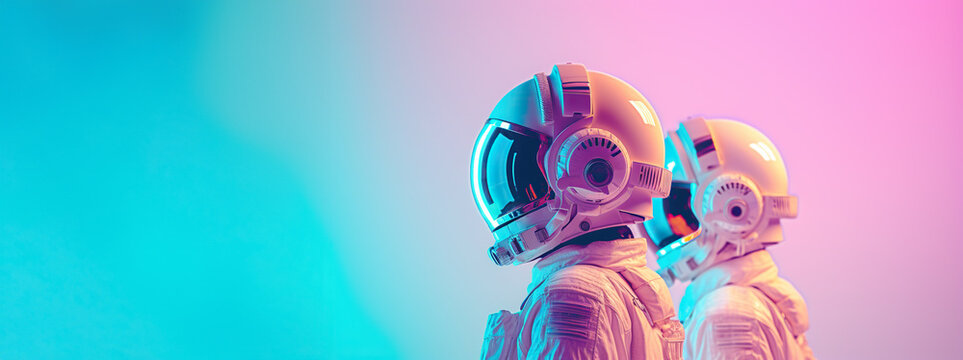 Exploring the Cosmos. Astronauts in a space suit, insulated on a pastel blue-pink background with space for text. Space exploration concept