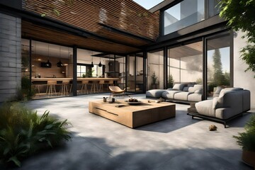 Modern loft style concrete patio for sitting and drinking coffee