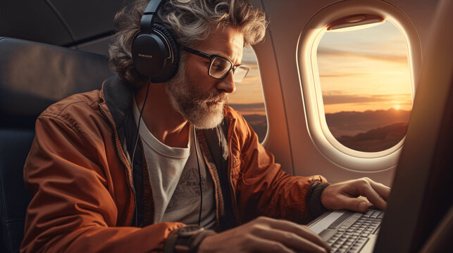 Man Listening To Music And Working On Laptop In Airplane