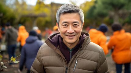 a Chinese venture philanthropist stands amidst a community garden, surrounded by volunteers and local residents. His dedication to funding social initiatives 
