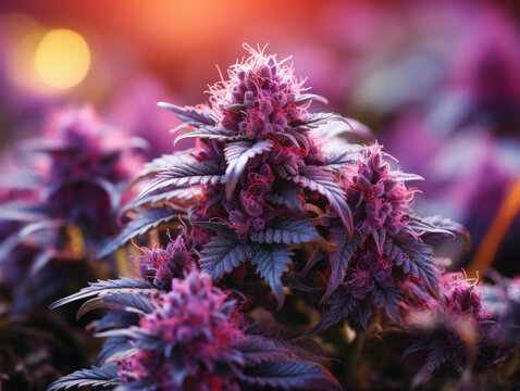 In a beautiful long banner, discover the aesthetic fashion of Purple Medicinal Marijuana, showcasing the trendy agricultural hemp strain in vibrant purple-pink ultraviolet hues.