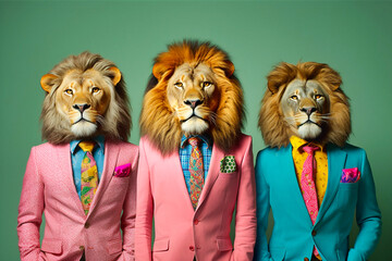 Heavy lion mob pack anthropomorphic vibrant colors - obrazy, fototapety, plakaty
