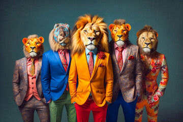 Heavy lion mob pack anthropomorphic vibrant colors - obrazy, fototapety, plakaty
