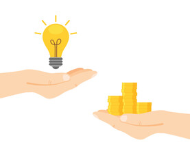 Business idea trading for money. Hand holds coins stack, hand holds light bulb. Concept of investing in innovation. Vector illustration in modern style isolated on white background.