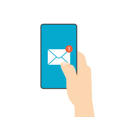 New mail notification on a screen. White envelope on smartphone screen. Hand holds phone with incoming messaging. Vector illustration in modern flat style isolated on white background.
