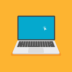 Laptop front view with cursor on screen. Blue display. Computer mock up. Vector illustration in flat style isolated on yellow background.	
