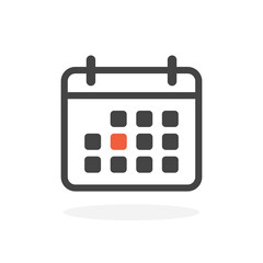 Calendar simple black icon with highlighted red date. Schedule symbol. Vector illustration isolated on white background.	
