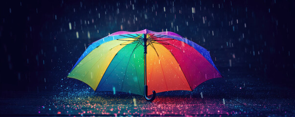 Rainbow umbrella in heavy rain. Raining protection concept.