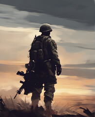 soldier standing alone after the war on the battlefield. generative AI
