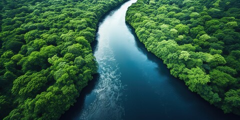 Naklejka na ściany i meble Generative AI, green beautiful amazonian jungle landscape with trees and river, drone view