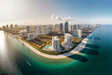 Panoramic view of Miami's Sunny Isles Beach and Aventura, a sunny destination in Florida. Generative AI - obrazy, fototapety, plakaty