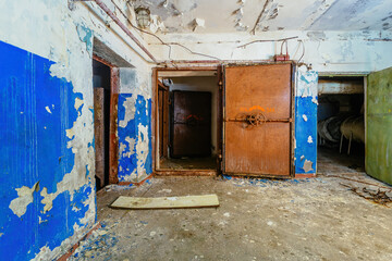 Bomb shelter protective construction of civil defense. Large armored blast proof doors with valve