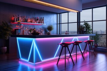 Modern kitchen with a bar counter and neon lighting - obrazy, fototapety, plakaty