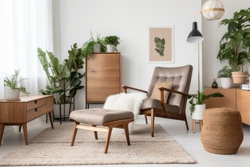 Living room with Scandinavian decor, houseplants, and a recliner against white walls. Generative AI