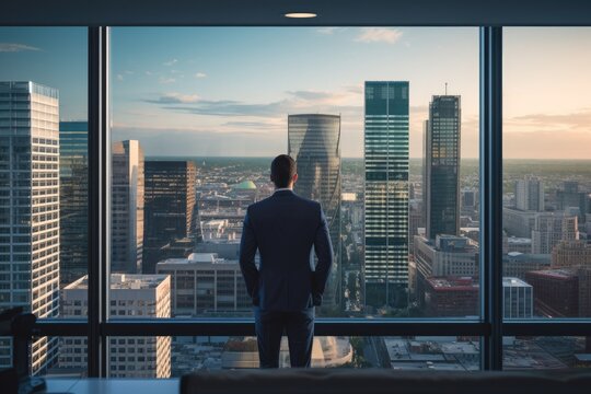Fototapeta man in office standing in window looking at city view Generative AI