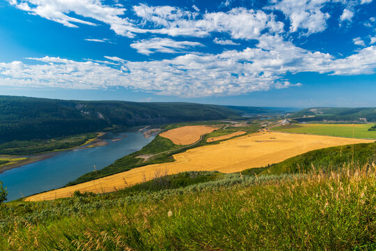 Peace River Valley, summer 2022, prior to completion of Site C Dam near Fort St. John, BC