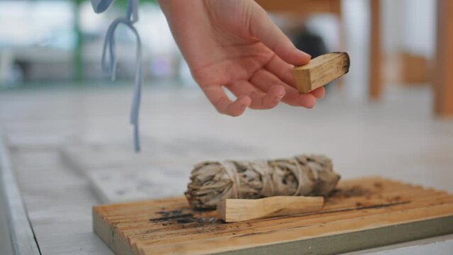 Hands holding aroma sticks indoors closeup. Woman using palo santo wood incense