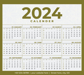 green One Page Calendar 2024 Vector Template