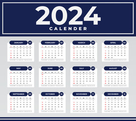 Blue One Page Calendar 2024 Vector Template