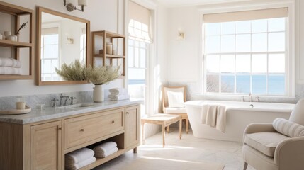 Cozy clean interior design with muted costal colors bathroom