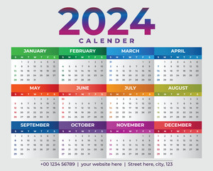 multicolor One Page Calendar 2024 Vector banner Template