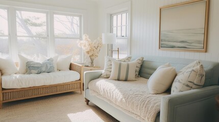 Cozy clean interior design with muted costal colors bedroom