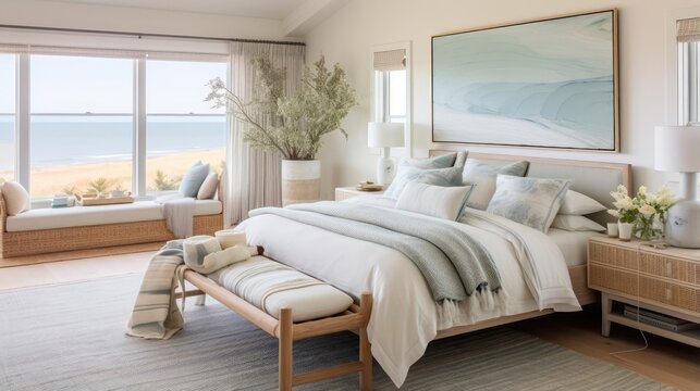 Cozy clean interior design with muted costal colors bedroom