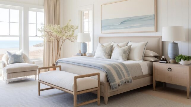 Cozy clean interior design with muted costal colors bedroom