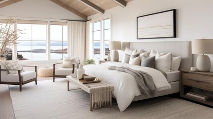 cozy modern primary master bedrooom with pale colors and wood accents