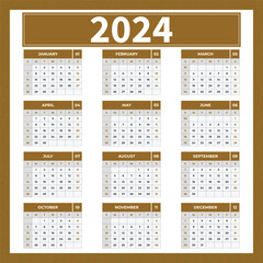 Golden Brown One Page Calendar 2024 Vector Template