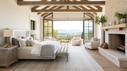 luruxy rural modern farmhouse master bedroom with historic wood beams and features