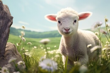 A cute lamb is lying on a spring meadow and resting