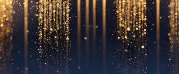Abstract dark blue background with particles and golden shiny star dust. Christmas feeling. A navy blue backdrop adorned with a shimmering cascade of golden light, creating a captivating bokeh effect.