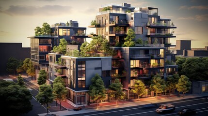 Urban apartment complex photo realistic illustration - Generative AI.