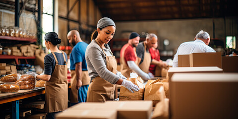 A group of people volunteering at a local food warehouse - Powered by Adobe